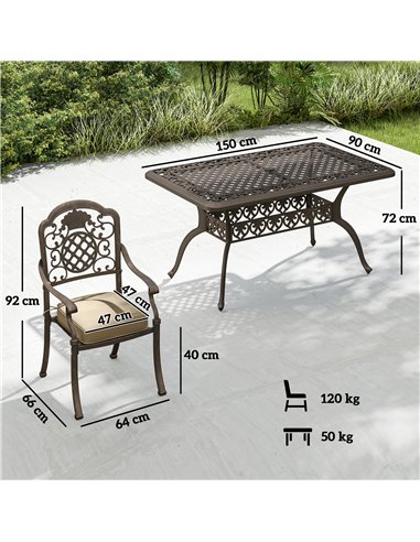 Outsunny Garden Dining Set for 6, Cast Aluminium Outdoor Table and Chairs Set with Cushions, Parasol Hole for Patio, Bronze Tone