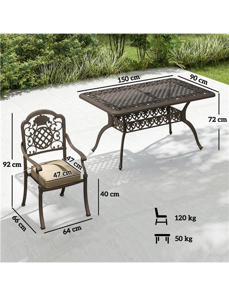 Outsunny Garden Dining Set for 6, Cast Aluminium Outdoor Table and Chairs Set with Cushions, Parasol Hole for Patio, Bronze Tone - pic 181951 | FastDaddyshop
