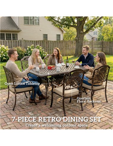 Outsunny Garden Dining Set for 6, Cast Aluminium Outdoor Table and Chairs Set with Cushions, Parasol Hole for Patio, Bronze Tone