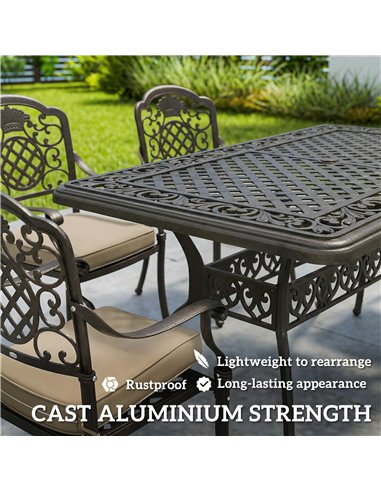 Outsunny Garden Dining Set for 6, Cast Aluminium Outdoor Table and Chairs Set with Cushions, Parasol Hole for Patio, Bronze Tone