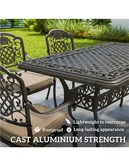Outsunny Garden Dining Set for 6, Cast Aluminium Outdoor Table and Chairs Set with Cushions, Parasol Hole for Patio, Bronze Tone - pic 181953 | FastDaddyshop