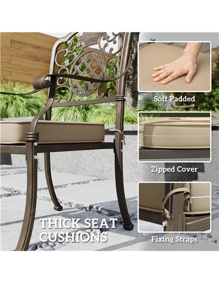 Outsunny Garden Dining Set for 6, Cast Aluminium Outdoor Table and Chairs Set with Cushions, Parasol Hole for Patio, Bronze Tone - pic 181955 | FastDaddyshop