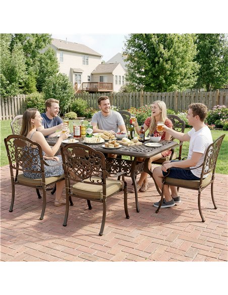 Outsunny Garden Dining Set for 6, Cast Aluminium Outdoor Table and Chairs Set with Cushions, Parasol Hole for Patio, Bronze Tone - pic 181957 | FastDaddyshop