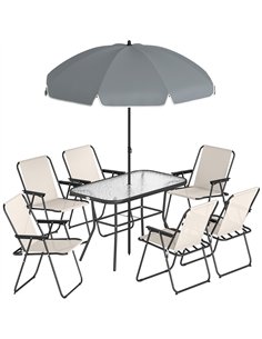 Outsunny 8 Piece Garden Dining Set with Umbrella Garden Furniture Set with 6 Folding Chairs, Tempered Glass Table for Patio Crea