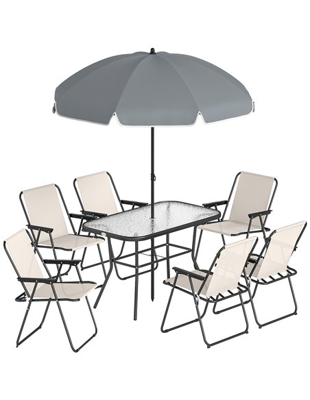 Outsunny 8 Piece Garden Dining Set with Umbrella Garden Furniture Set with 6 Folding Chairs, Tempered Glass Table for Patio Crea - pic 181958 | FastDaddyshop