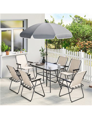 Outsunny 8 Piece Garden Dining Set with Umbrella Garden Furniture Set with 6 Folding Chairs, Tempered Glass Table for Patio Crea