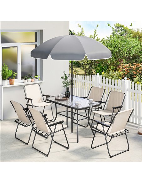 Outsunny 8 Piece Garden Dining Set with Umbrella Garden Furniture Set with 6 Folding Chairs, Tempered Glass Table for Patio Crea - pic 181959 | FastDaddyshop
