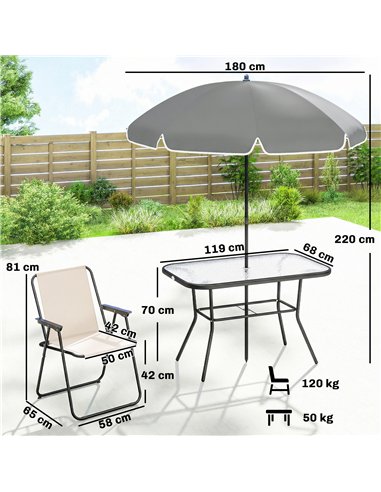 Outsunny 8 Piece Garden Dining Set with Umbrella Garden Furniture Set with 6 Folding Chairs, Tempered Glass Table for Patio Crea