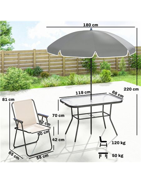 Outsunny 8 Piece Garden Dining Set with Umbrella Garden Furniture Set with 6 Folding Chairs, Tempered Glass Table for Patio Crea - pic 181960 | FastDaddyshop