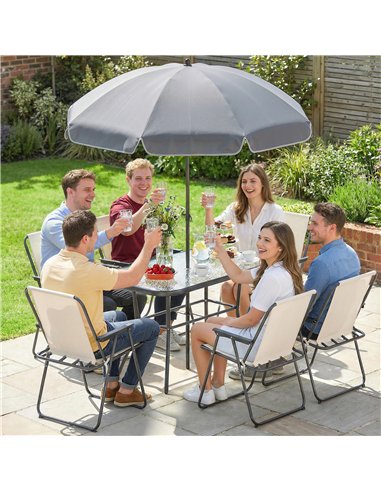 Outsunny 8 Piece Garden Dining Set with Umbrella Garden Furniture Set with 6 Folding Chairs, Tempered Glass Table for Patio Crea