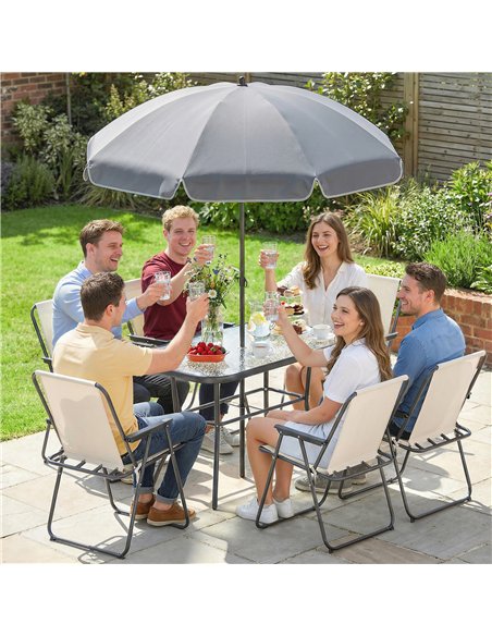 Outsunny 8 Piece Garden Dining Set with Umbrella Garden Furniture Set with 6 Folding Chairs, Tempered Glass Table for Patio Crea - pic 181966 | FastDaddyshop