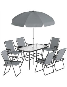 Outsunny 8 Piece Garden Dining Set with Umbrella, Garden Furniture Set with 6 Folding Chairs, Tempered Glass Table for Patio Gre