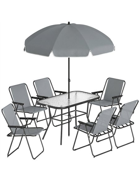 Outsunny 8 Piece Garden Dining Set with Umbrella, Garden Furniture Set with 6 Folding Chairs, Tempered Glass Table for Patio Gre - pic 181967 | FastDaddyshop