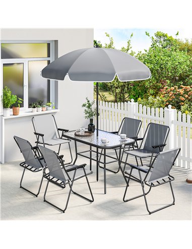 Outsunny 8 Piece Garden Dining Set with Umbrella, Garden Furniture Set with 6 Folding Chairs, Tempered Glass Table for Patio Gre
