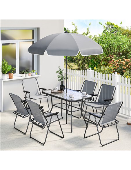 Outsunny 8 Piece Garden Dining Set with Umbrella, Garden Furniture Set with 6 Folding Chairs, Tempered Glass Table for Patio Gre - pic 181968 | FastDaddyshop
