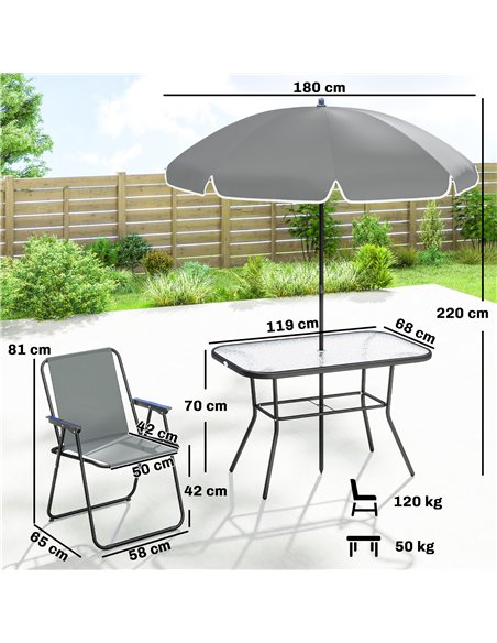 Outsunny 8 Piece Garden Dining Set with Umbrella, Garden Furniture Set with 6 Folding Chairs, Tempered Glass Table for Patio Gre - pic 181969 | FastDaddyshop