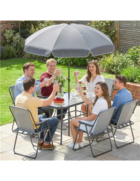 Outsunny 8 Piece Garden Dining Set with Umbrella, Garden Furniture Set with 6 Folding Chairs, Tempered Glass Table for Patio Gre - pic 181975 | FastDaddyshop