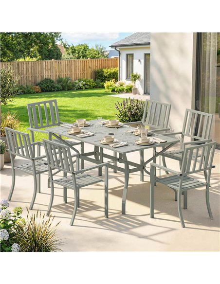 Outsunny 7 Pieces Garden Table and Chairs, 6 Seater Outdoor Table and Chairs with Umbrella Hole, for Garden, Light Grey - pic 181977 | FastDaddyshop