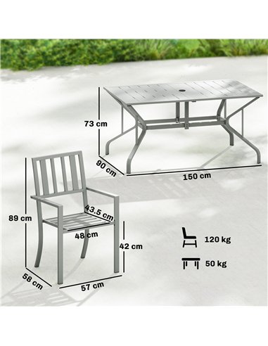 Outsunny 7 Pieces Garden Table and Chairs, 6 Seater Outdoor Table and Chairs with Umbrella Hole, for Garden, Light Grey