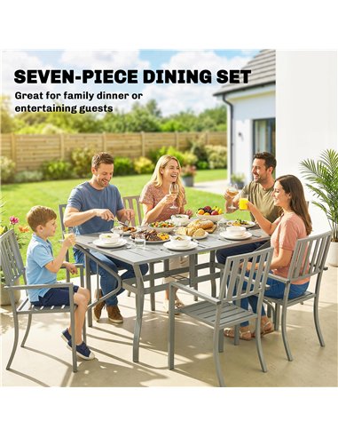 Outsunny 7 Pieces Garden Table and Chairs, 6 Seater Outdoor Table and Chairs with Umbrella Hole, for Garden, Light Grey