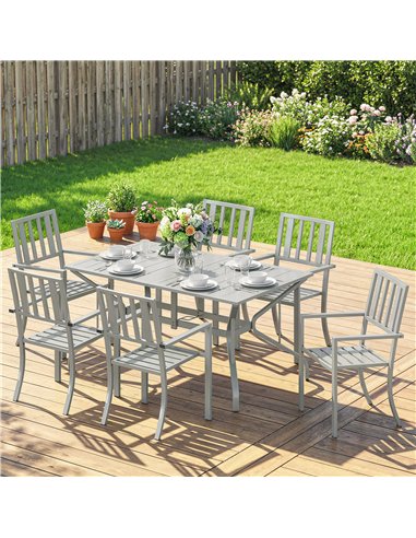 Outsunny 7 Pieces Garden Table and Chairs, 6 Seater Outdoor Table and Chairs with Umbrella Hole, for Garden, Light Grey