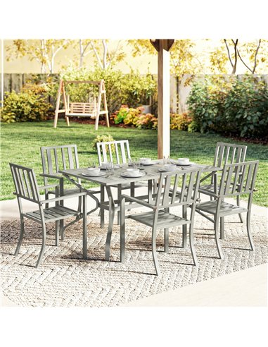 Outsunny 7 Pieces Garden Table and Chairs, 6 Seater Outdoor Table and Chairs with Umbrella Hole, for Garden, Light Grey