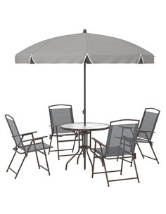 Outsunny 6 Piece Garden Dining Set with Umbrella, Patio Sets with Parasol, 4 Folding Dining Chairs, Dark Grey