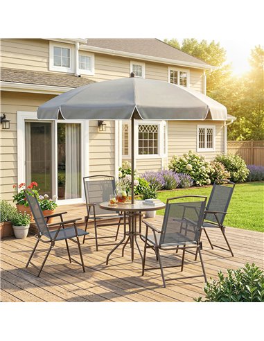 Outsunny 6 Piece Garden Dining Set with Umbrella, Patio Sets with Parasol, 4 Folding Dining Chairs, Dark Grey