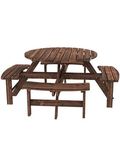 Outsunny Wooden Garden Dining Set, 8 Seater Patio Furniture Set with Round Picnic Table, Parasol Hole for Outdoor Garden, Tan