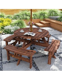 Outsunny Wooden Garden Dining Set, 8 Seater Patio Furniture Set with Round Picnic Table, Parasol Hole for Outdoor Garden, Tan 2