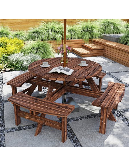 Outsunny Wooden Garden Dining Set, 8 Seater Patio Furniture Set with Round Picnic Table, Parasol Hole for Outdoor Garden, Tan - pic 181995 | FastDaddyshop