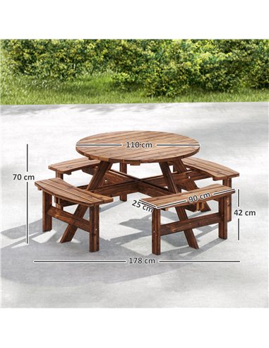 Outsunny Wooden Garden Dining Set, 8 Seater Patio Furniture Set with Round Picnic Table, Parasol Hole for Outdoor Garden, Tan