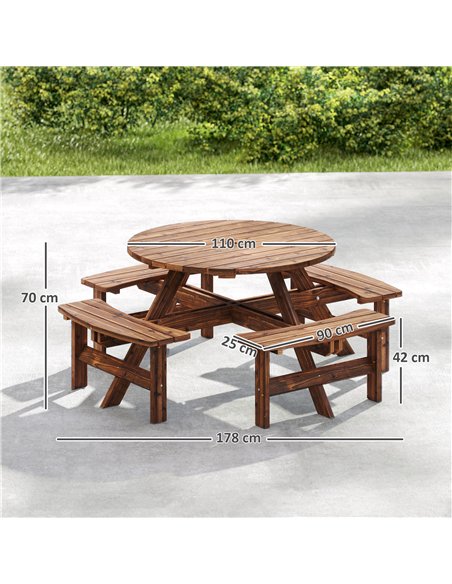 Outsunny Wooden Garden Dining Set, 8 Seater Patio Furniture Set with Round Picnic Table, Parasol Hole for Outdoor Garden, Tan - pic 181996 | FastDaddyshop