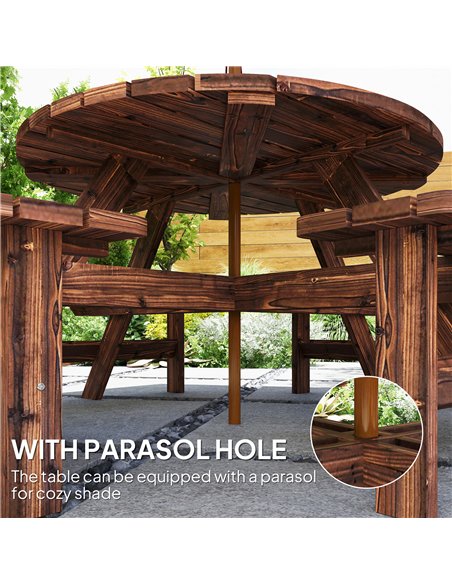Outsunny Wooden Garden Dining Set, 8 Seater Patio Furniture Set with Round Picnic Table, Parasol Hole for Outdoor Garden, Tan - pic 181997 | FastDaddyshop