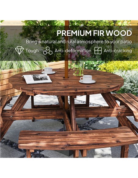 Outsunny Wooden Garden Dining Set, 8 Seater Patio Furniture Set with Round Picnic Table, Parasol Hole for Outdoor Garden, Tan - pic 181998 | FastDaddyshop