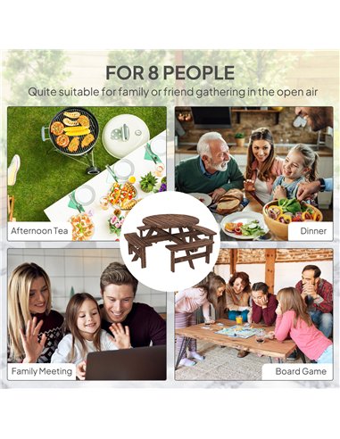 Outsunny Wooden Garden Dining Set, 8 Seater Patio Furniture Set with Round Picnic Table, Parasol Hole for Outdoor Garden, Tan