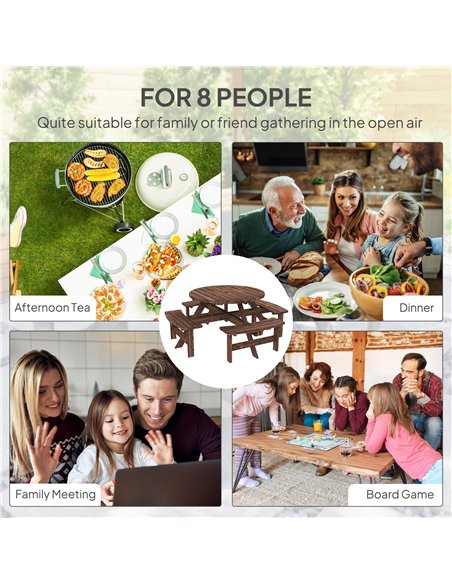 Outsunny Wooden Garden Dining Set, 8 Seater Patio Furniture Set with Round Picnic Table, Parasol Hole for Outdoor Garden, Tan - pic 182000 | FastDaddyshop