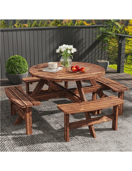 Outsunny Wooden Garden Dining Set, 8 Seater Patio Furniture Set with Round Picnic Table, Parasol Hole for Outdoor Garden, Tan - pic 182001 | FastDaddyshop