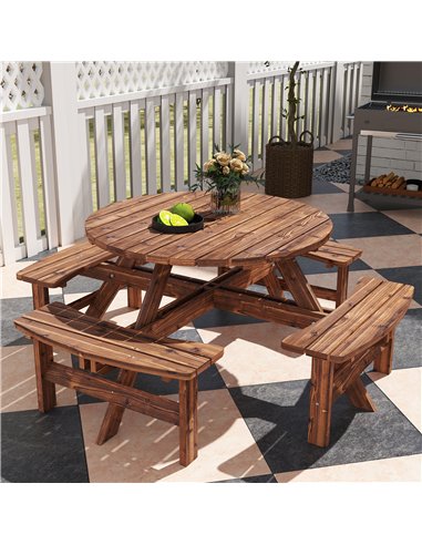 Outsunny Wooden Garden Dining Set, 8 Seater Patio Furniture Set with Round Picnic Table, Parasol Hole for Outdoor Garden, Tan