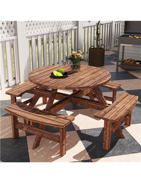 Outsunny Wooden Garden Dining Set, 8 Seater Patio Furniture Set with Round Picnic Table, Parasol Hole for Outdoor Garden, Tan - pic 182002 | FastDaddyshop