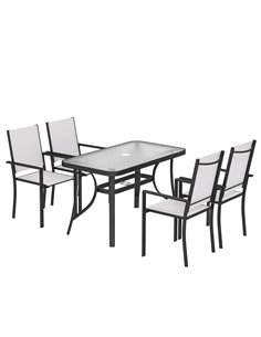 Outsunny Garden Dining Set for 4 with Umbrella Hole, Stackable Chairs and Rectangular Glass-Top Outdoor Table, Light Grey
