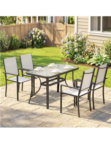 Outsunny Garden Dining Set for 4 with Umbrella Hole, Stackable Chairs and Rectangular Glass-Top Outdoor Table, Light Grey