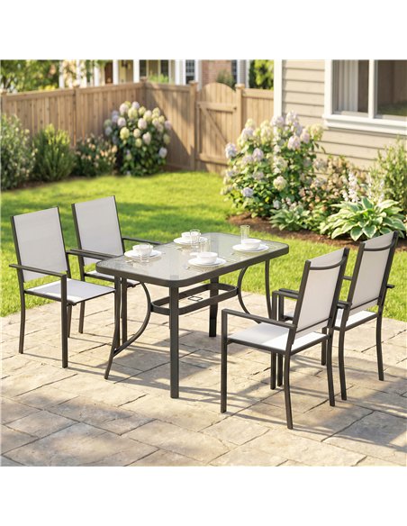 Outsunny Garden Dining Set for 4 with Umbrella Hole, Stackable Chairs and Rectangular Glass-Top Outdoor Table, Light Grey - pic 182013 | FastDaddyshop