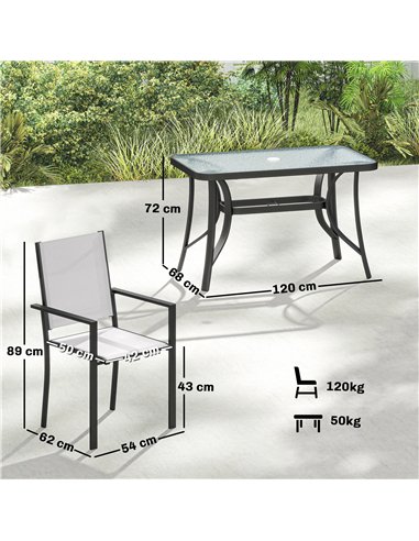 Outsunny Garden Dining Set for 4 with Umbrella Hole, Stackable Chairs and Rectangular Glass-Top Outdoor Table, Light Grey