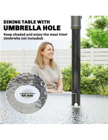 Outsunny Garden Dining Set for 4 with Umbrella Hole, Stackable Chairs and Rectangular Glass-Top Outdoor Table, Light Grey