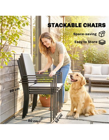 Outsunny Garden Dining Set for 4 with Umbrella Hole, Stackable Chairs and Rectangular Glass-Top Outdoor Table, Light Grey
