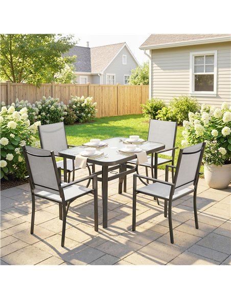 Outsunny Garden Dining Set for 4 with Umbrella Hole, Stackable Chairs and Rectangular Glass-Top Outdoor Table, Light Grey - pic 182020 | FastDaddyshop