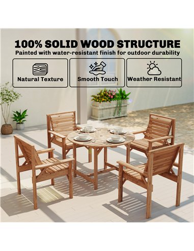 Outsunny 5 Pieces Garden Dining Set with Parasol Hole, Round Outdoor Table and Chairs, 4 Seater Wooden Garden Furniture, Natural