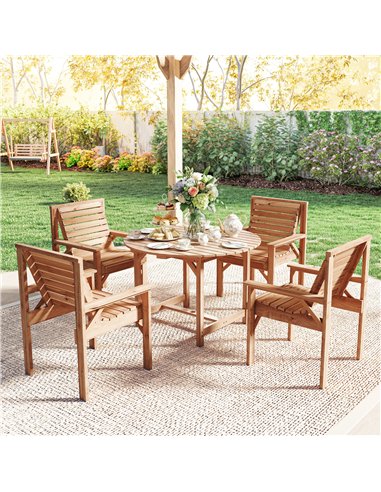 Outsunny 5 Pieces Garden Dining Set with Parasol Hole, Round Outdoor Table and Chairs, 4 Seater Wooden Garden Furniture, Natural