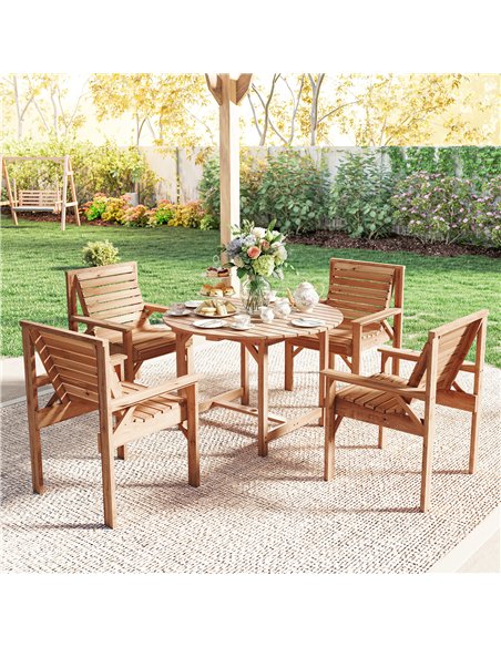 Outsunny 5 Pieces Garden Dining Set with Parasol Hole, Round Outdoor Table and Chairs, 4 Seater Wooden Garden Furniture, Natural - pic 182038 | FastDaddyshop